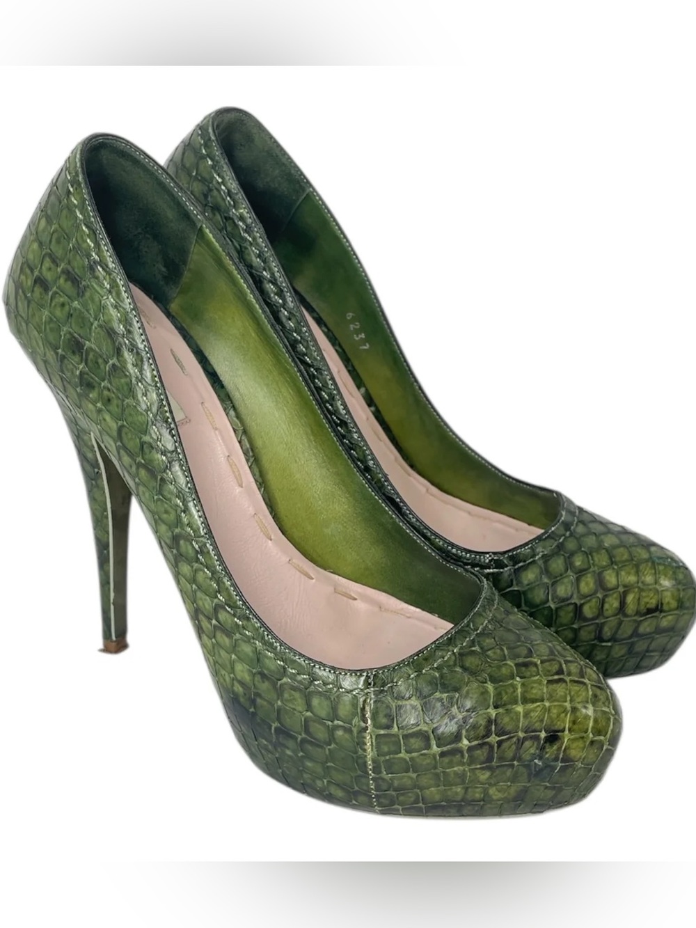 Miu Miu Green Snake-Embossed High Heel Pumps